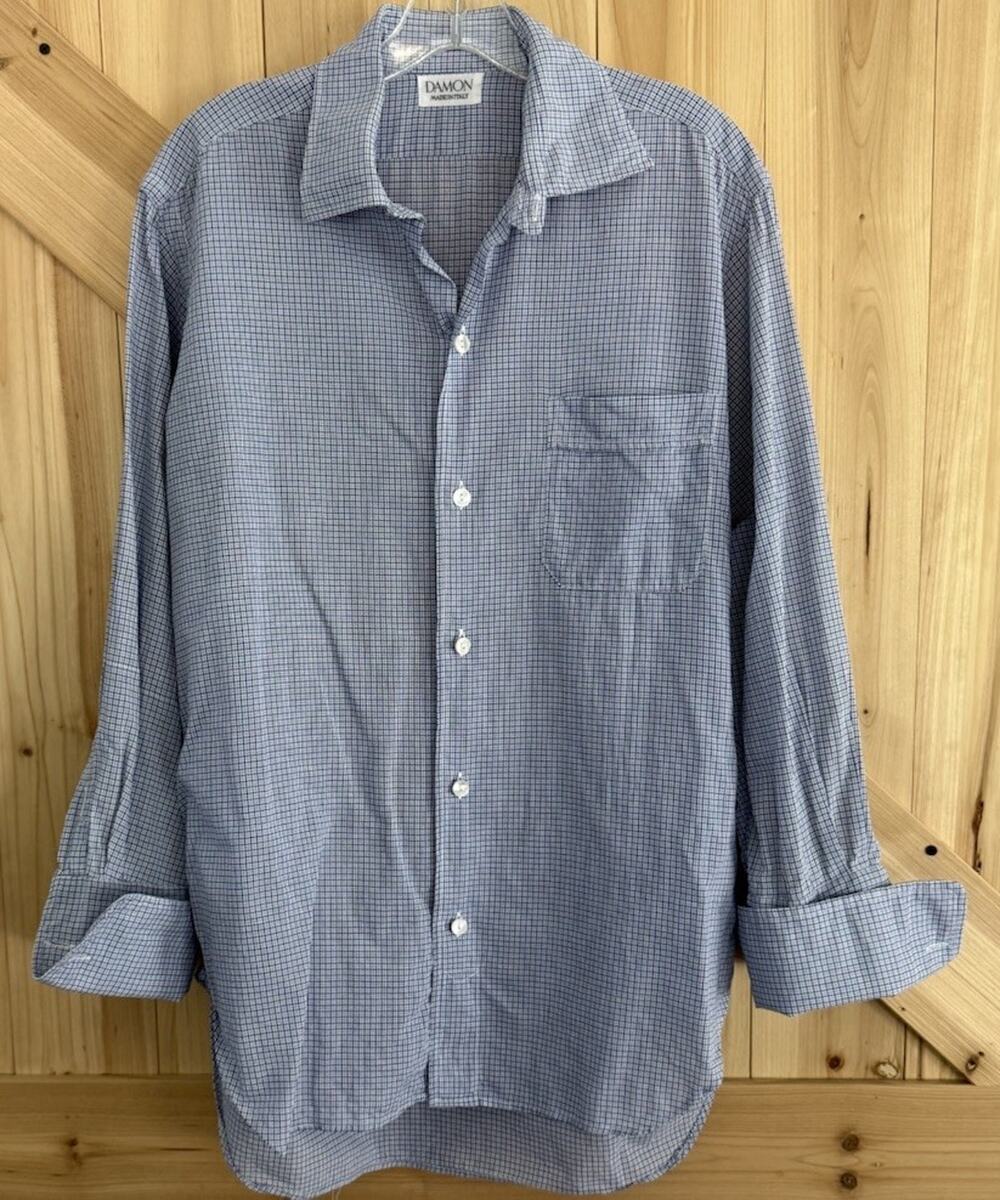 DAMON Blue White Check Button Up French Cuff Long Sleeve Dress Shirt Sz 15.5 32